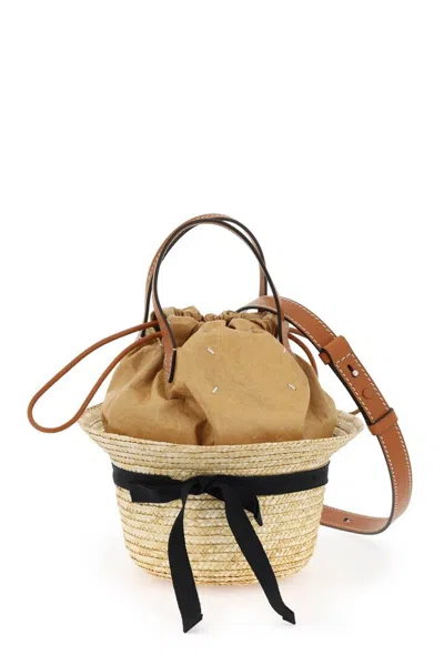 Maison Margiela Weaved Hat Detail Drawstring Bucket Bag In Natural/brown