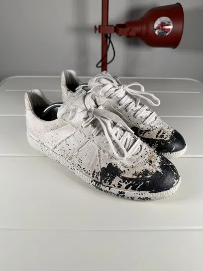 Pre-owned Maison Margiela White Black Canvas Paint Splatter Gats 42/9 Shoes