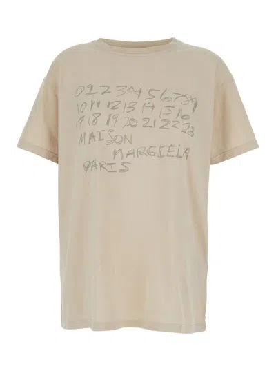 Maison Margiela White Crewneck T-shirt With Maxi Logo Print On The Front In Cotton Woman In Brown