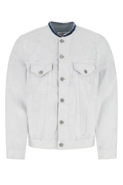 Maison Margiela Bianchetto Hand-painted Collarless Denim Jacket In White Crackle