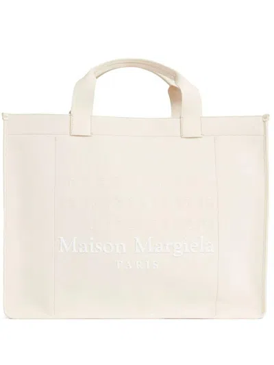 Maison Margiela White Tote Bag With Logo Applied On The Front In Cotton Woman In Multicolor