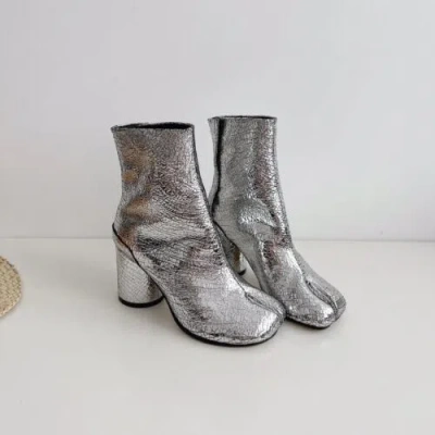 Pre-owned Maison Margiela Women Tabi Boots Silver Leather High Top Short Boot