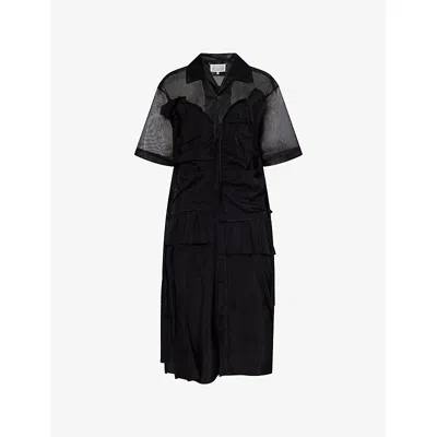 Maison Margiela Womens Mesh-panels Short-sleeves Woven Midi Dress Black And Black