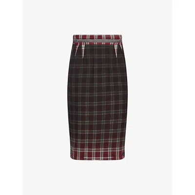 Maison Margiela Womens Burgundy White Tartan-check Wool-blend Midi Skirt In Black