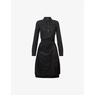 MAISON MARGIELA WOMENS MELANGE CARBON BLACK LONG-SLEEVE CONTRAST-SKIRT VIRGIN-WOOL MIDI DRESS