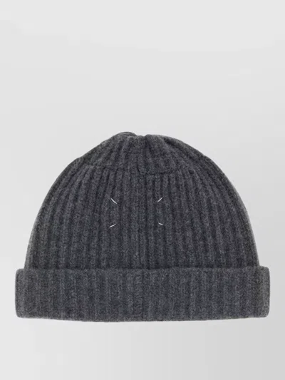 Maison Margiela Wool Beanie Hat Ribbed Texture Folded Brim In Black