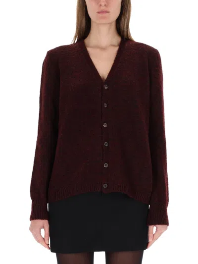Maison Margiela Wool Blend Cardigan In Burgundy