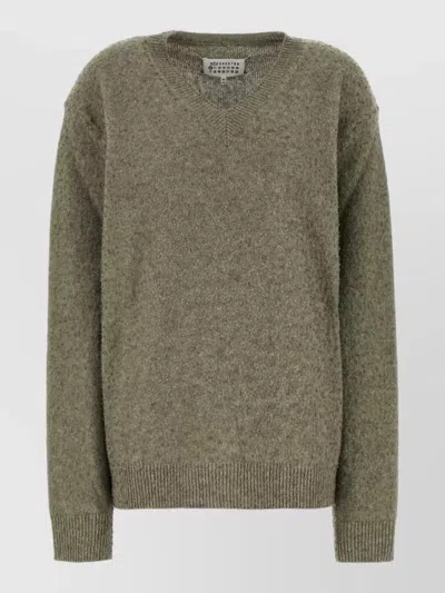 Maison Margiela Wool Blend Sweater V Neck Ribbed Trim In Gray