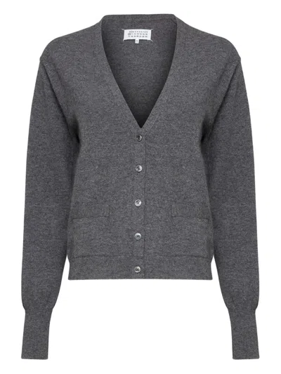 Maison Margiela V Neck Wool Cardigan Long Sleeves Pockets In Gray