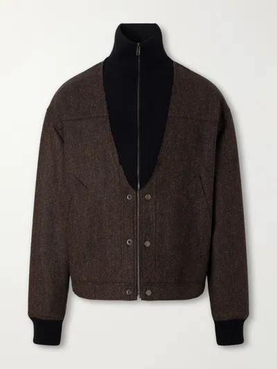 Maison Margiela Herringbone-pattern Zipped Bomber Jacket In Brown