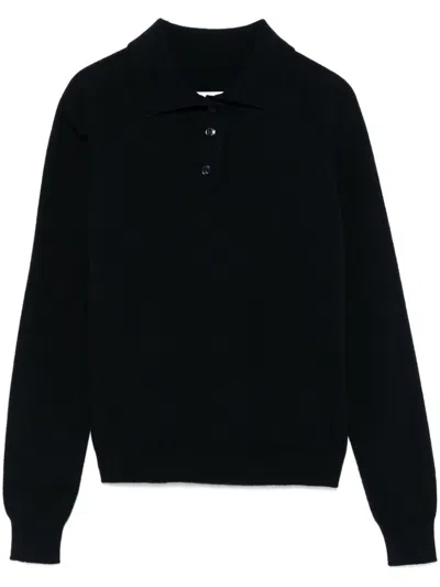 Maison Margiela Wool Long Sleeve Polo With Ribbed Cuffs In Blue