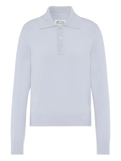 Maison Margiela Wool Knit Polo Shirt Long Sleeves In Blue
