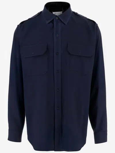 Maison Margiela Wool Shirt With Pockets And Shoulder Pads In Blue