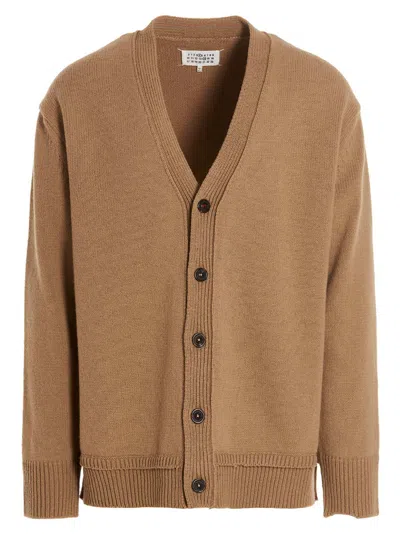 Maison Margiela Wool-blend With Suede Elbow Patches Cardigan In Brown