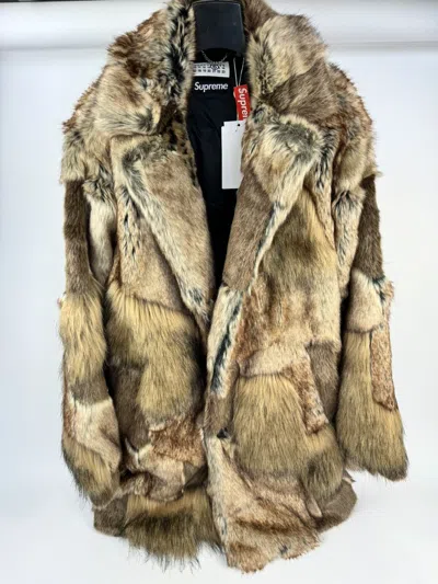 Pre-owned Maison Margiela X Supreme Patchwork Faux Fur Oversized Coat In Brown