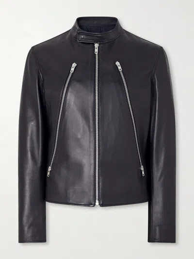 Maison Margiela Leather Zippered Pockets Mock Neck Jacket In Multi