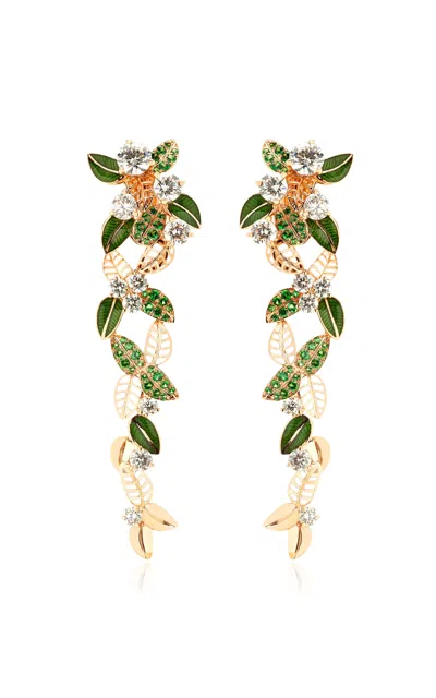 Maison Mellerio 18k Yellow Gold Foglio Earrings With Diamonds; Tsavorites And Green "guilloché" Enamel