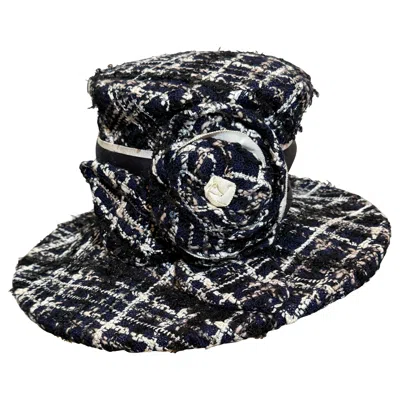 Pre-owned Maison Michel 1980s Michel Modes Navy White & Black Chanel Tweed Boater-style Hat W Camellia