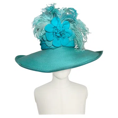 Pre-owned Maison Michel 2005  Aqua Straw Wide Brim Hat W Extravagant Feather & Floral Trim In Blue