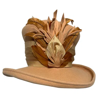 Pre-owned Maison Michel Apricot Felt High Top Hat W Large Feather Spray & Striped Band In Orange