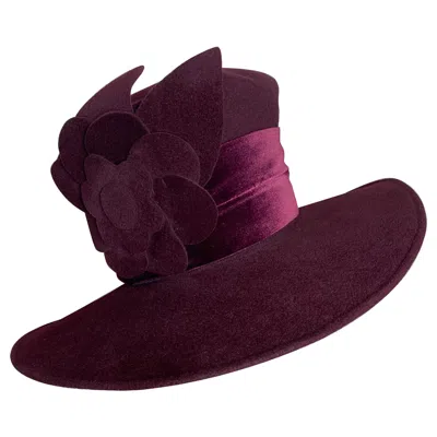 Pre-owned Maison Michel Aubergine Medium Brim Felt Hat With Matching Flower & Velvet Band In Black