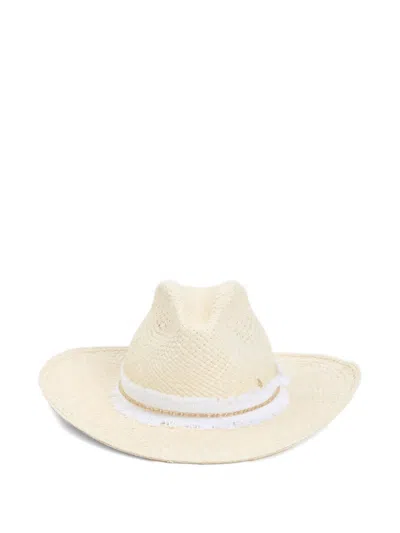 Maison Michel Nude Brimmed Hat With Delicate Fringe Detail In White