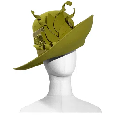 Pre-owned Maison Michel Autumn/winter Chartreuse Wool Felt Wide Brim Fedora W Brocade Band In Brown