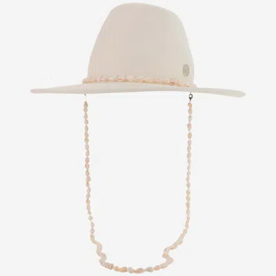 Maison Michel Beige Felt Fedora Hat With Shells In White