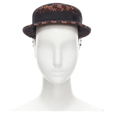 Pre-owned Maison Michel Black Floral Lace Orange Felt Black Pearl Chain Fedora Hat 52cm