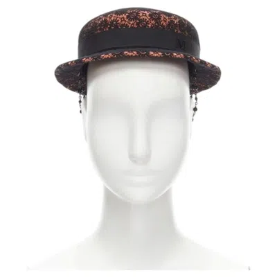 Pre-owned Maison Michel Black Floral Lace Orange Felt Black Pearl Chain Fedora Hat 52cm
