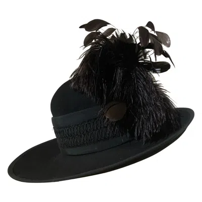 Pre-owned Maison Michel Black Fur Felt Wide Brimmed Fedora Hat W Braid Band & Feather