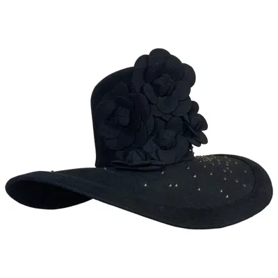 Pre-owned Maison Michel Black Large Brimmed Felt High Crown Hat W Studs & Camellia Flowers