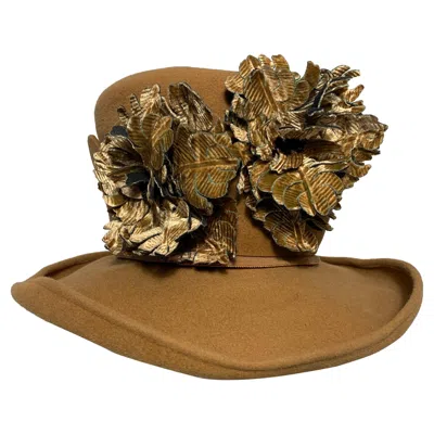 Pre-owned Maison Michel Brimmed Caramel Felt High Top Hat W Silk Leaves & Scalloped Band In Brown