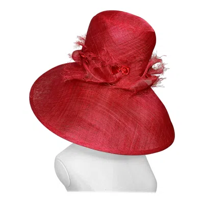 Pre-owned Maison Michel Cardinal Red Sheer Straw Wide Brim Tall Crown Hat W Satin Bows