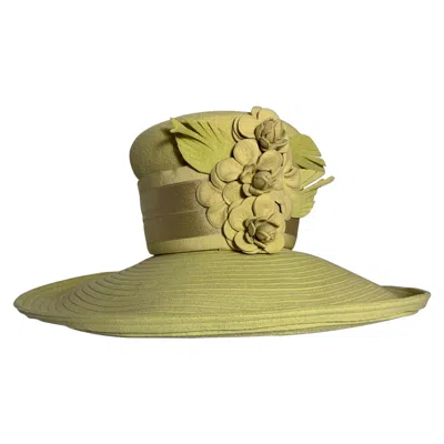 Pre-owned Maison Michel Citrine Wool Felt Large-brim Hat W Camellias & Ribbon Band In Brown