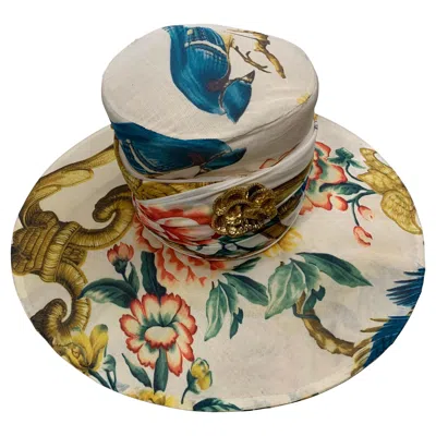 Pre-owned Maison Michel Custom Huge Summer Hat In Roberto Cavalli Floral Print Fabric In Brown