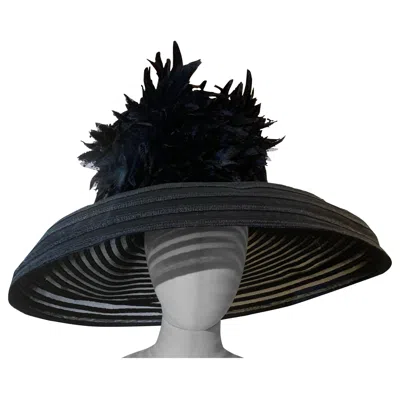 Pre-owned Maison Michel Custom-made  Broad Brimmed Striped Hat Of Straw & Sheer W Flowers In Black