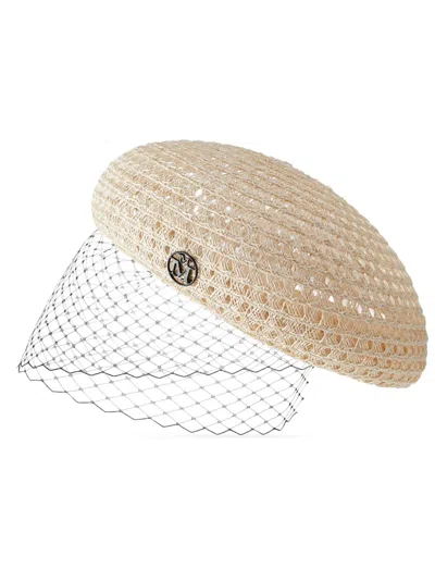 Maison Michel Emily Veil-embellished Knitted Berret In Neutrals