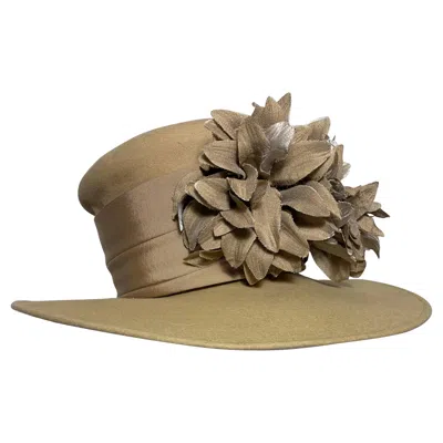 Pre-owned Maison Michel Fawn Wool Felt High Top Hat W Matching Flower & Wide Grosgrain In Brown