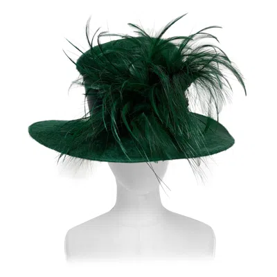 Pre-owned Maison Michel Forest Green Fur Felt Tall Top Hat W Feathers & Grosgrain Band
