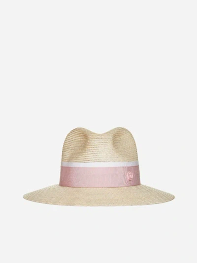 Maison Michel Henrietta Straw Fedora Hat In Natural,pink