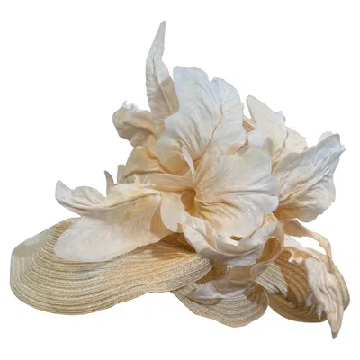 Pre-owned Maison Michel Ivory Straw Wide-brimmed Hat W Folded Brim & Large Florals @ Front In White
