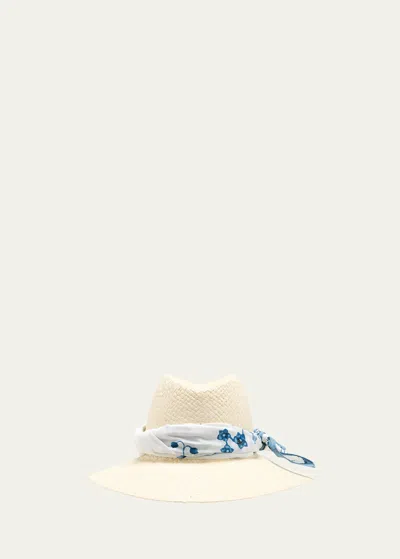 Maison Michel Kate Straw Fedora With Printed Scarf In Neutral