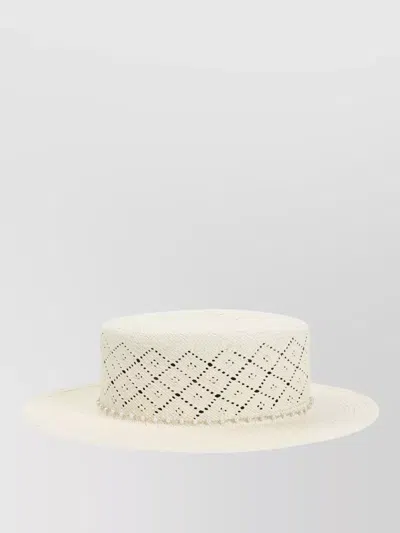 Maison Michel Kiki Hat Wide Brim Perforated Pearls In White