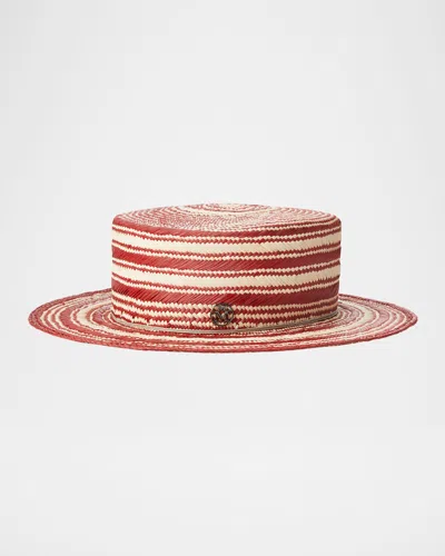 Maison Michel Kiki Striped Straw Boater Hat In Natural Red
