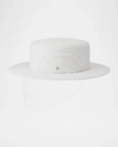 Maison Michel Kiki Tweed Boater Hat With Veil In White