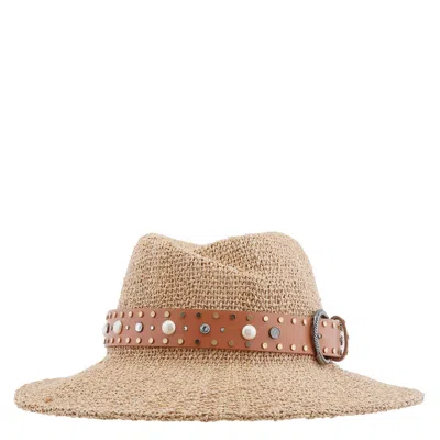 Maison Michel Ladies Beige Virginie Decorative Belt Fedora Hat In Sand