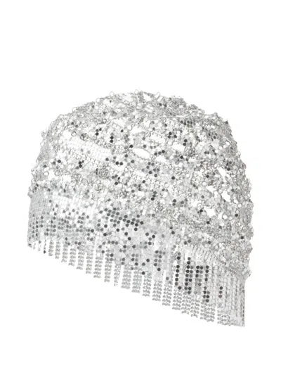 Maison Michel Lorely Chainmail Fringed Beanie Hat In Silver