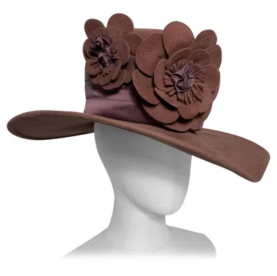 Pre-owned Maison Michel Mauve Wool Felt High Top Hat W Matching Flowers & Ribbon Band In Brown