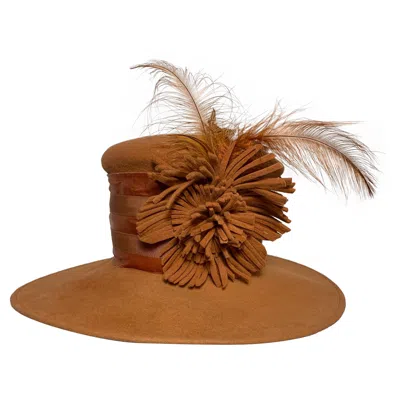 Pre-owned Maison Michel Medium Brim Copper Felt Hat With Feather Flower & Grosgrain Band In Brown